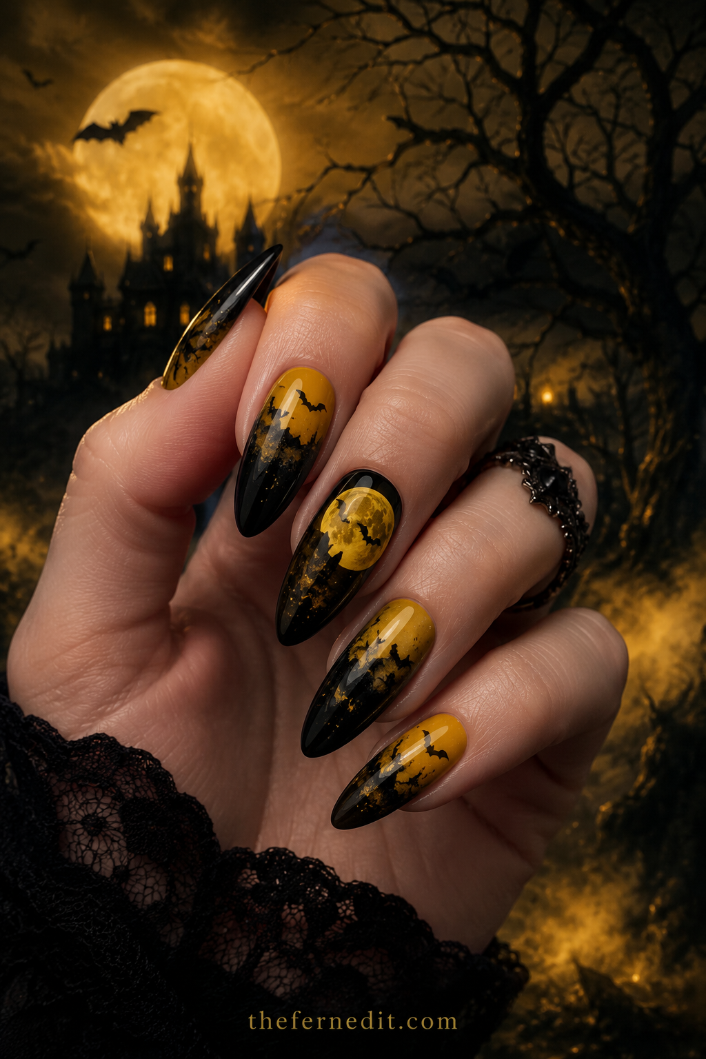 Glowing Ghoul Yellow — Yellow Halloween nail design idea
