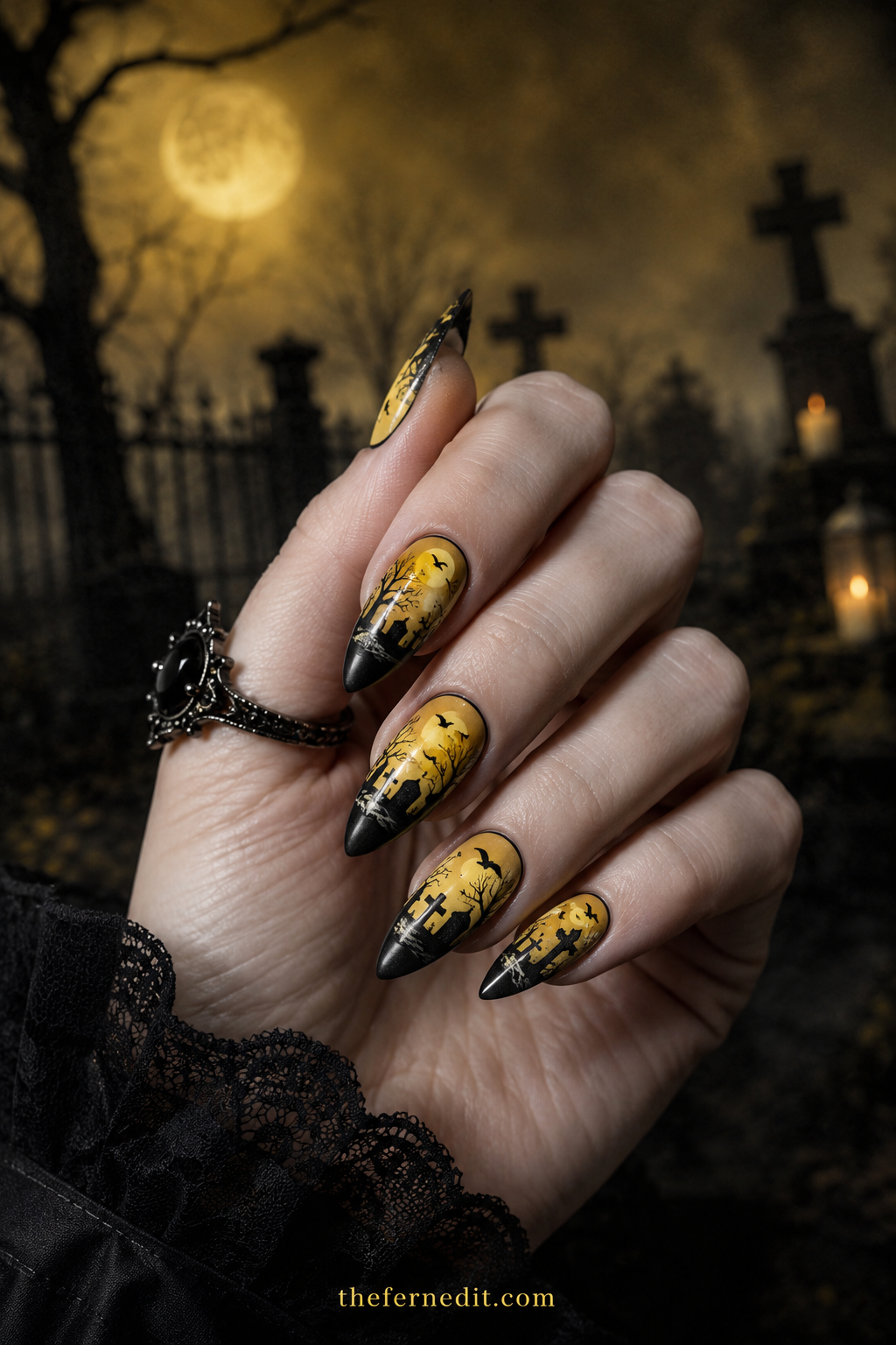 Neon Yellow Spiderweb — Yellow Halloween nail design idea