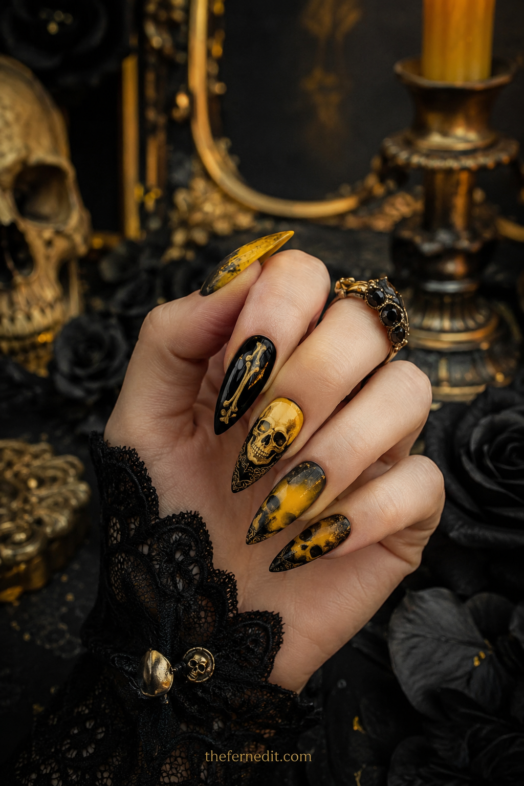 Golden Pumpkin Chrome — Yellow Halloween nail design idea