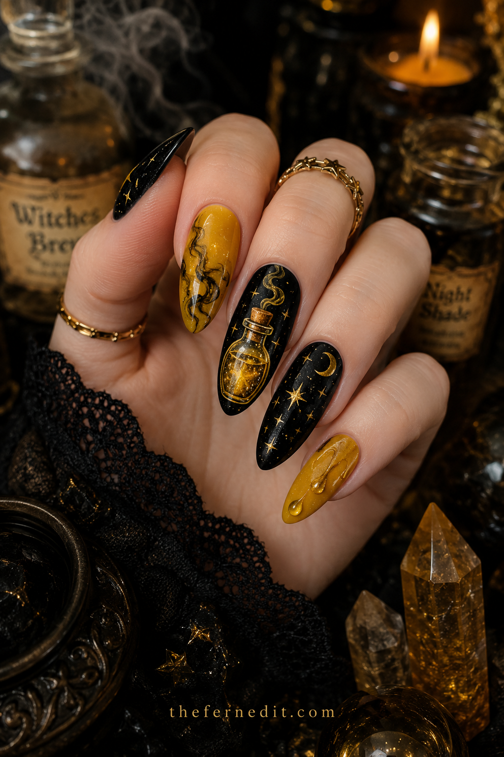 Yellow & Black Bee-Witch — Yellow Halloween nail design idea