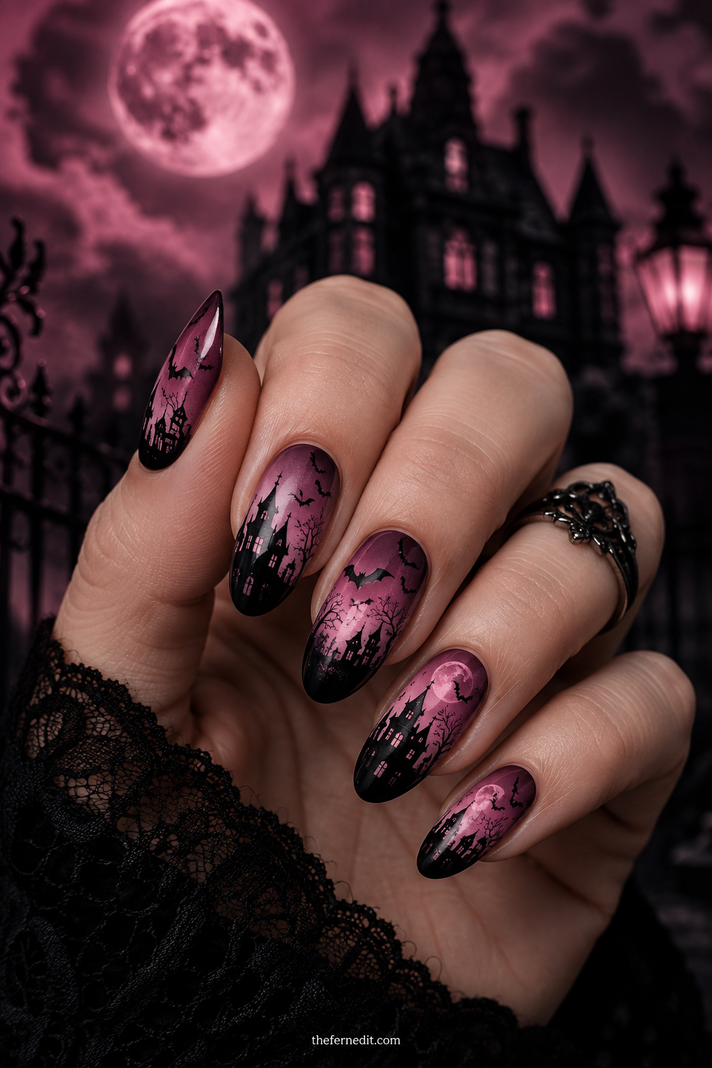 Blush Ghost-Face French — Pink Halloween nail design idea