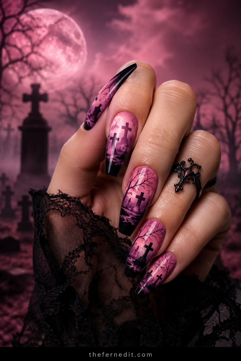 Hot-Pink Spiderweb Tips — Pink Halloween nail design idea