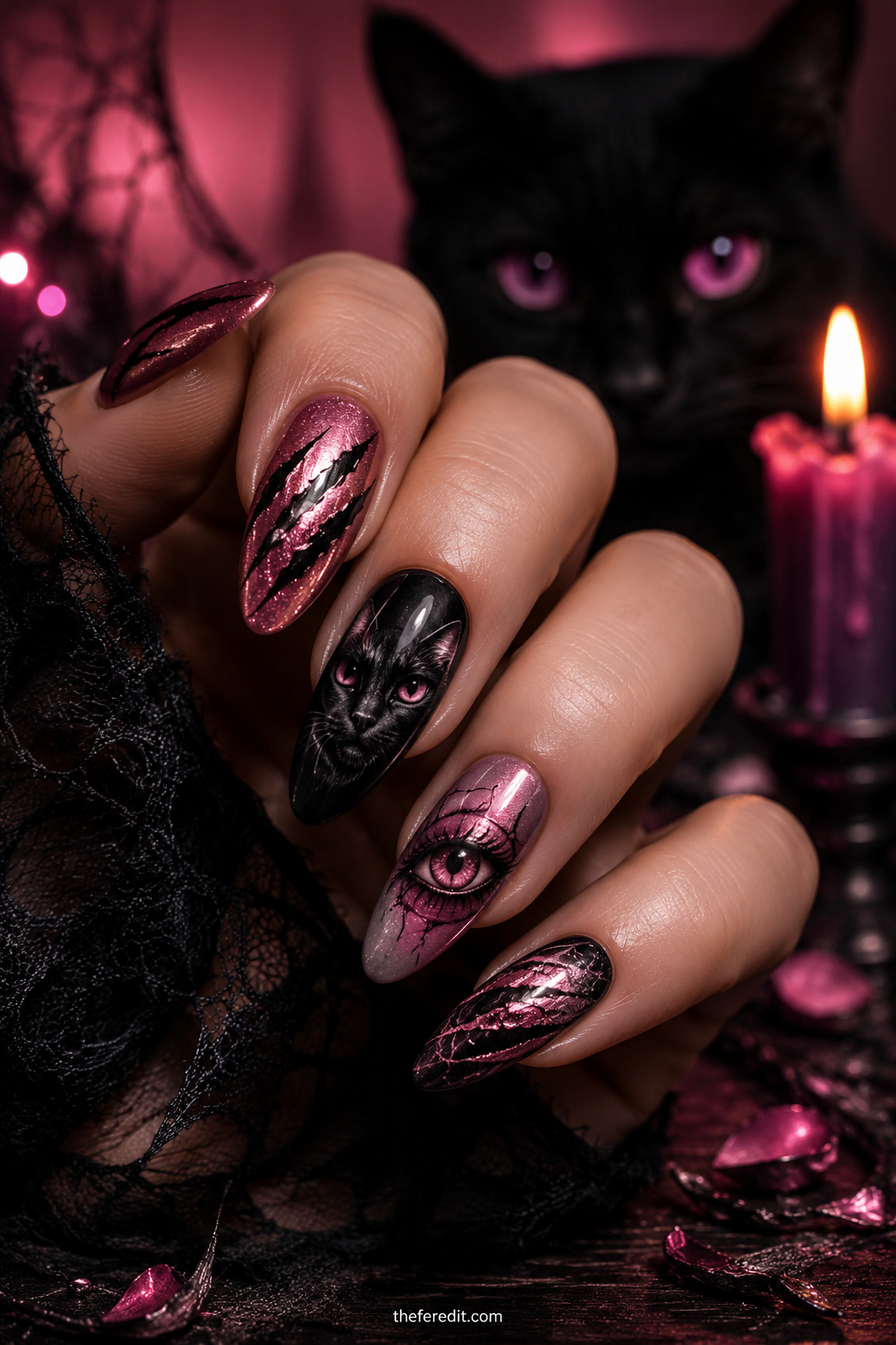 Bubblegum Bat Accent — Pink Halloween nail design idea