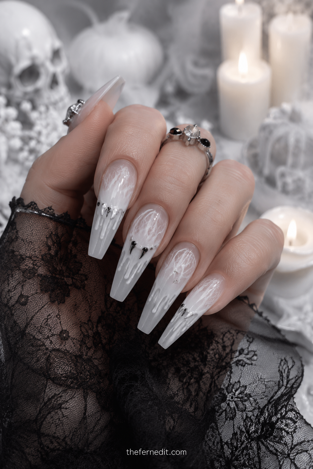Glossy White Boo Nails — White Halloween nail design idea