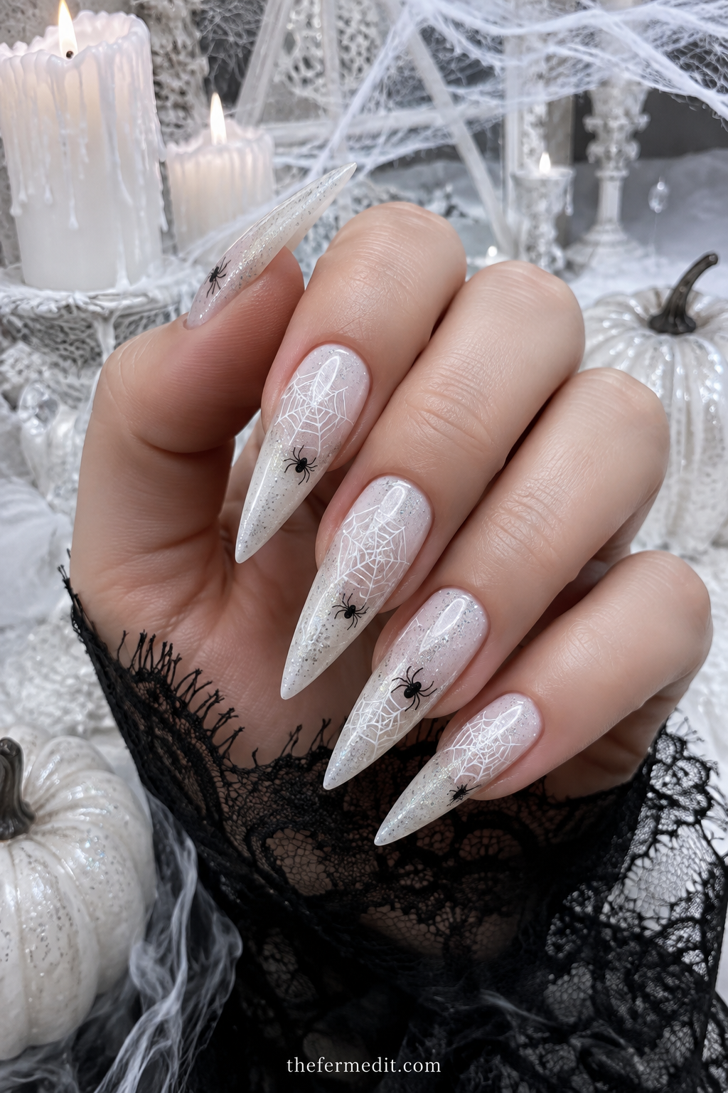 White Lace Gothic Set — White Halloween nail design idea
