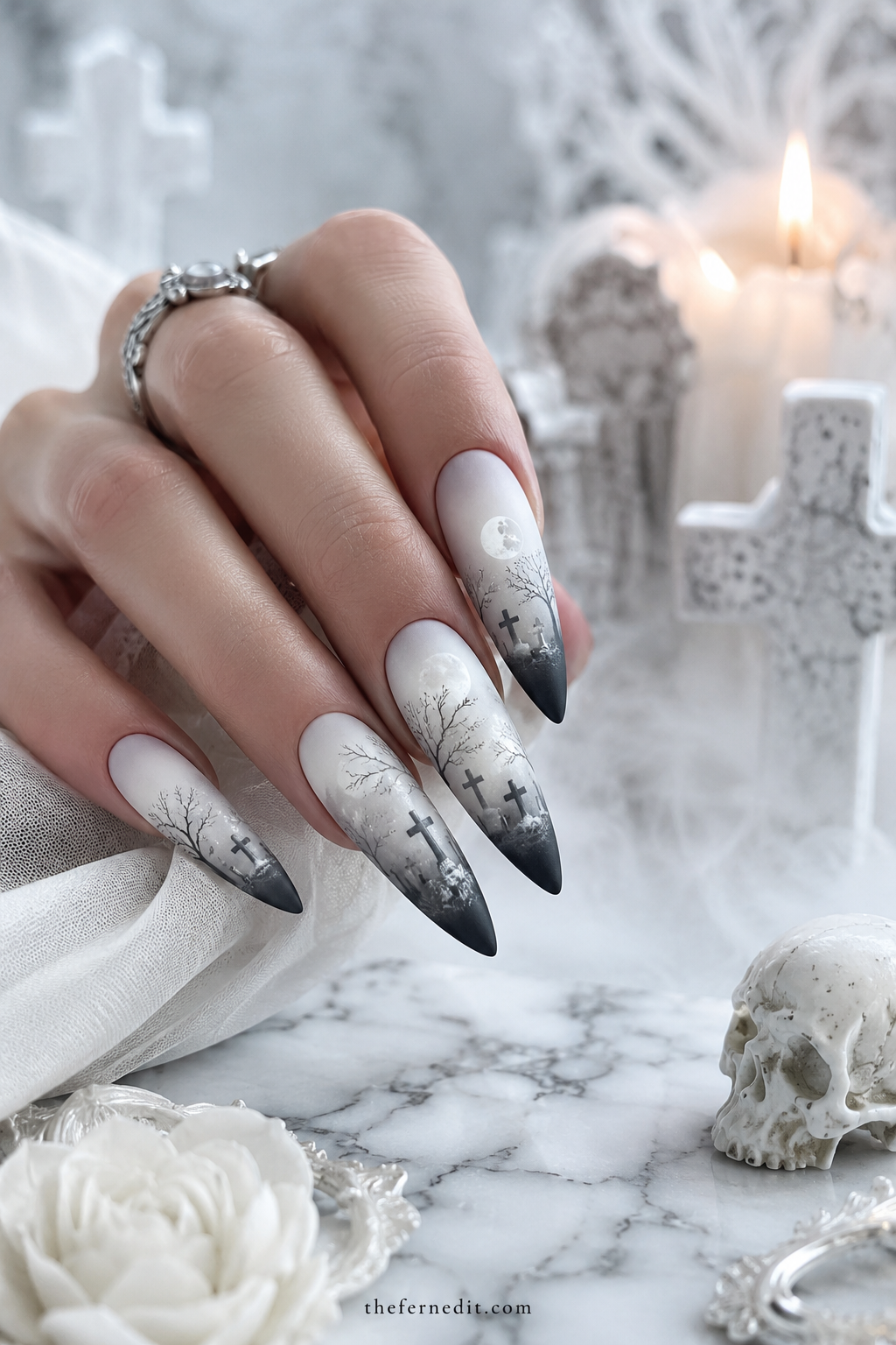 Matte White Mummy Wrap — White Halloween nail design idea