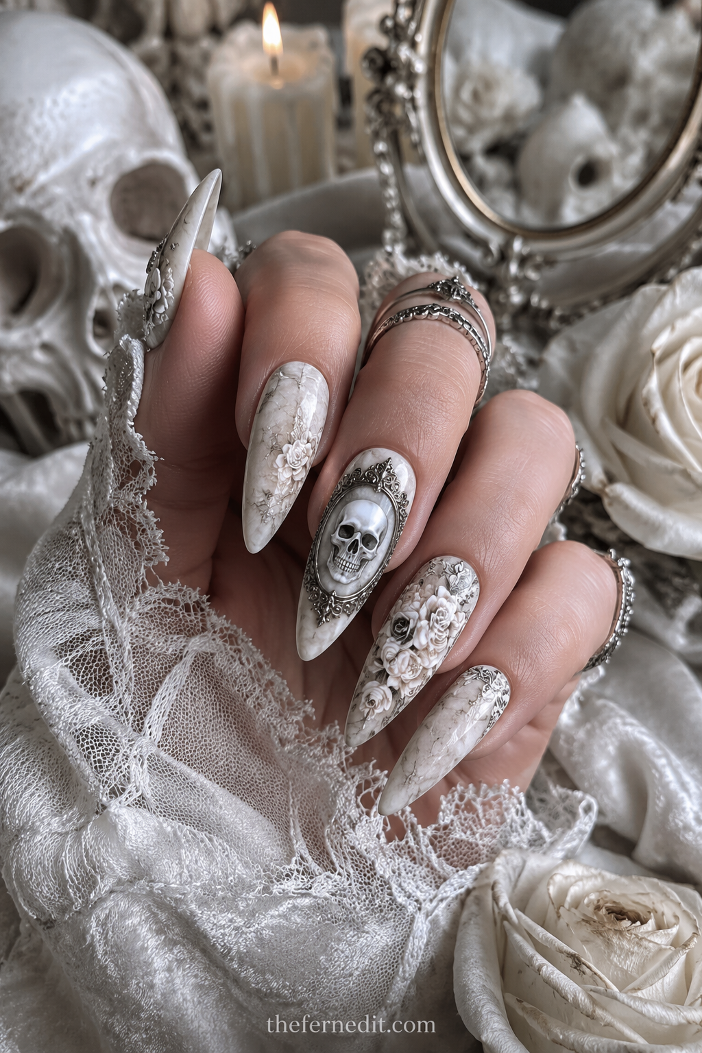 White Glitter Frost Tips — White Halloween nail design idea