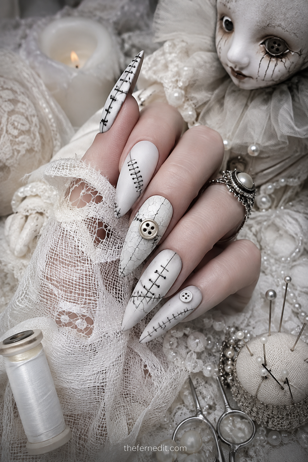 Pearl-White Chrome Coffin — White Halloween nail design idea