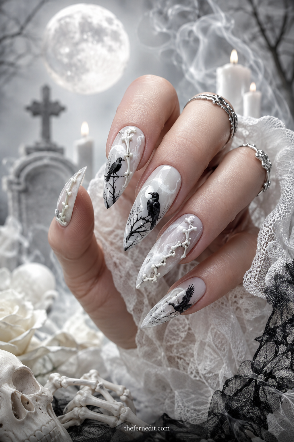 Milky White Bat Accent — White Halloween nail design idea