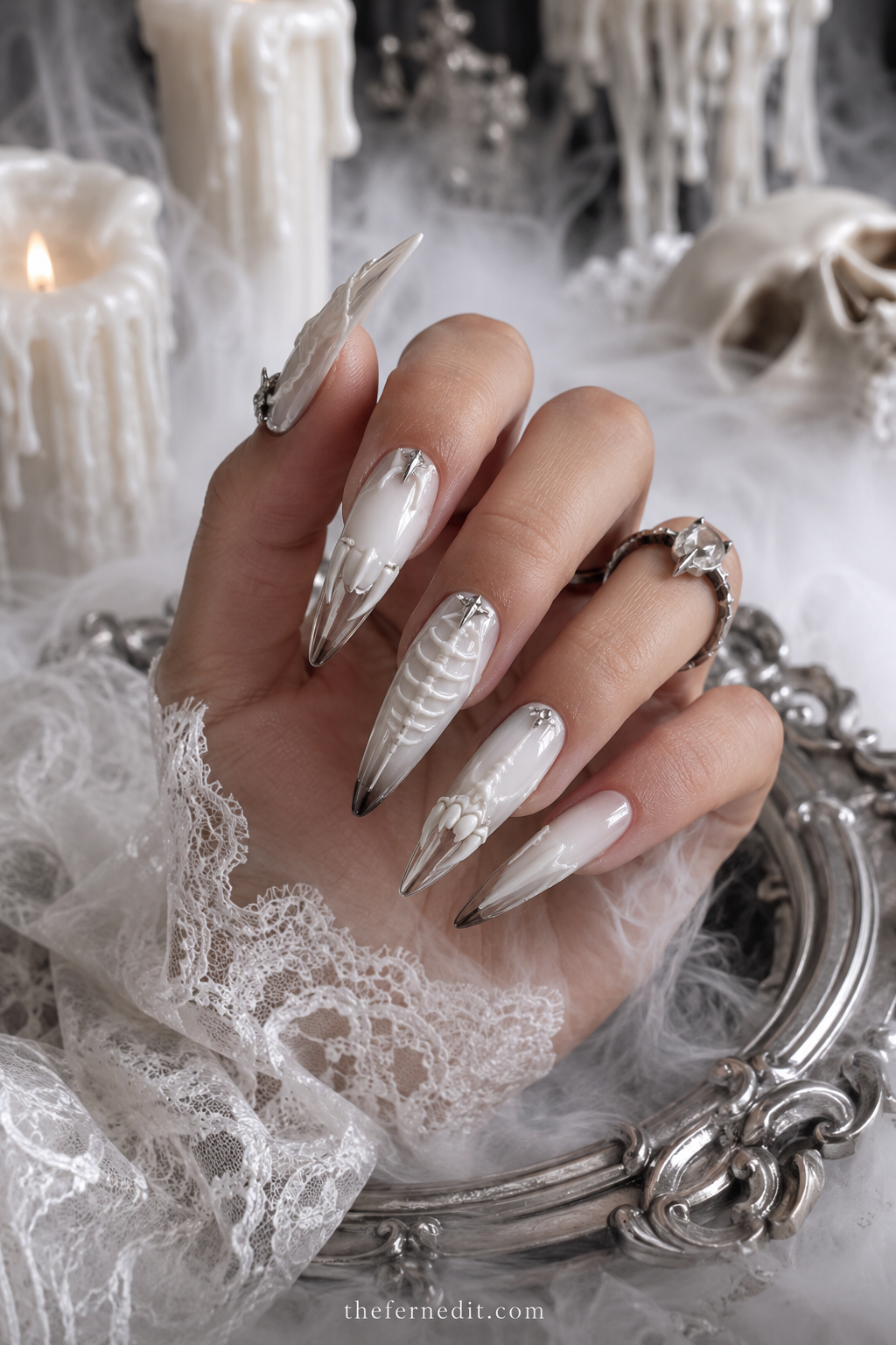 White Skeleton Hand Nails — White Halloween nail design idea