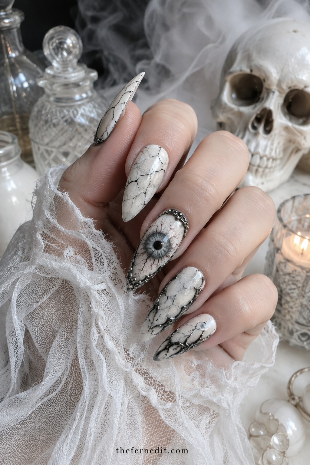 White Ghost-Face Almond — White Halloween nail design idea