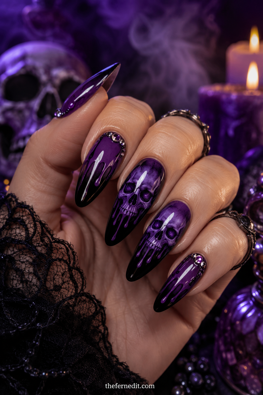 Royal-Purple Gothic Lace — Purple Halloween nail design idea
