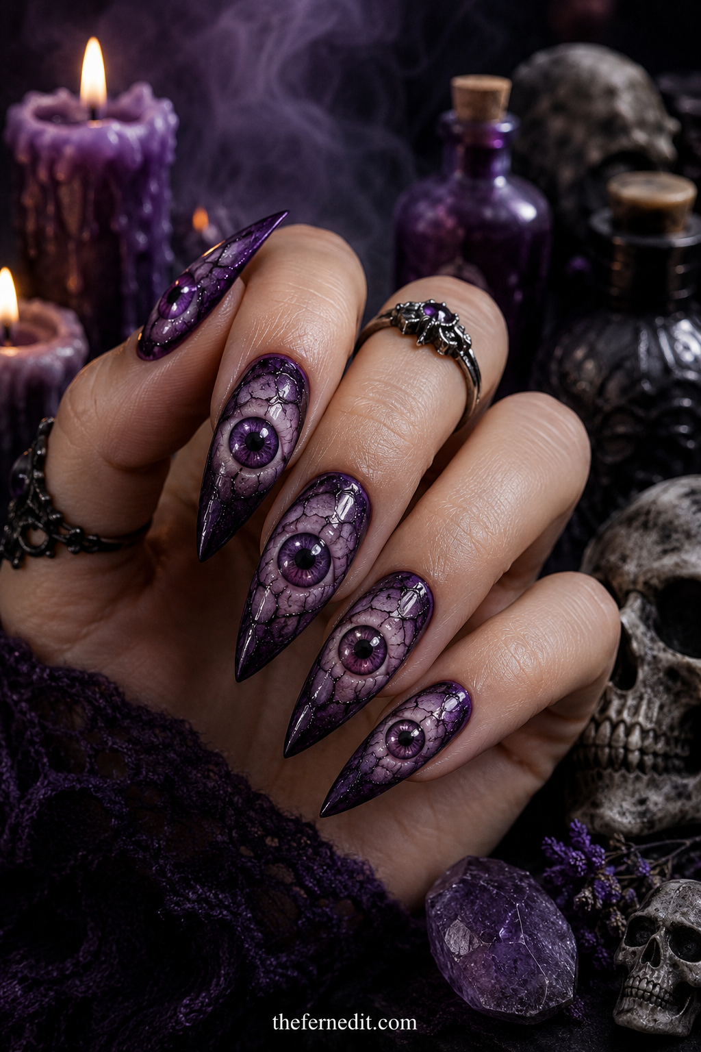 Lavender Ghost Faces — Purple Halloween nail design idea