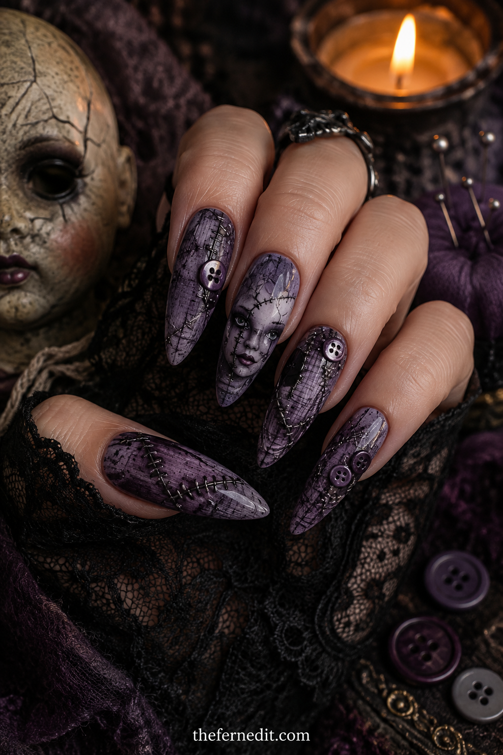 Amethyst Chrome Coffin — Purple Halloween nail design idea