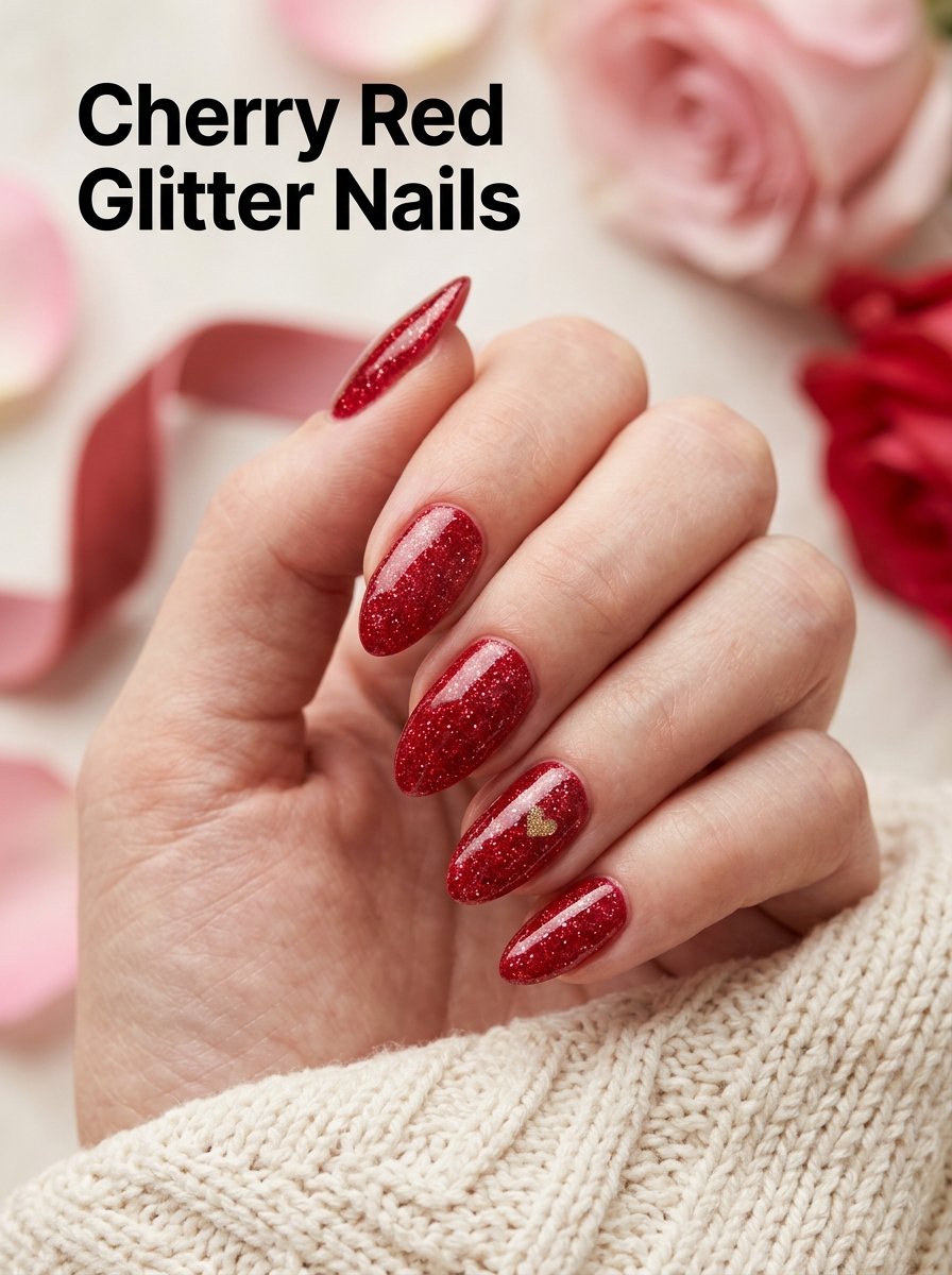 Cherry red glitter nails