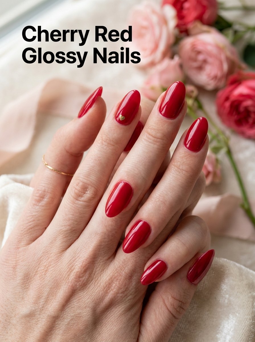 Cherry red glossy nails