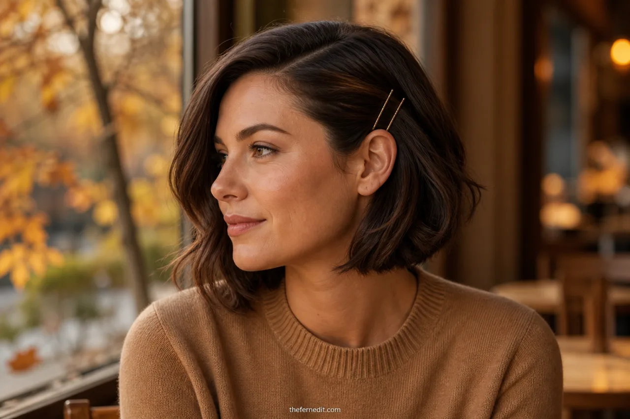 Adult woman with short softly textured hair in a deep side part, pinned neatly behind one ear for a polished fall hairstyle.