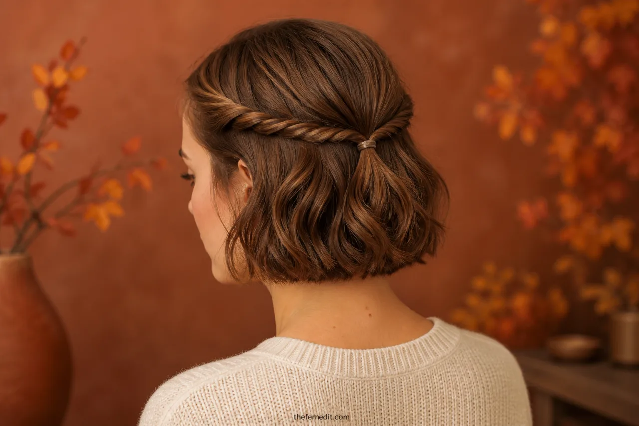 Adult woman with short bob-length hair wearing two soft temple twists joined in a small half-up ponytail.