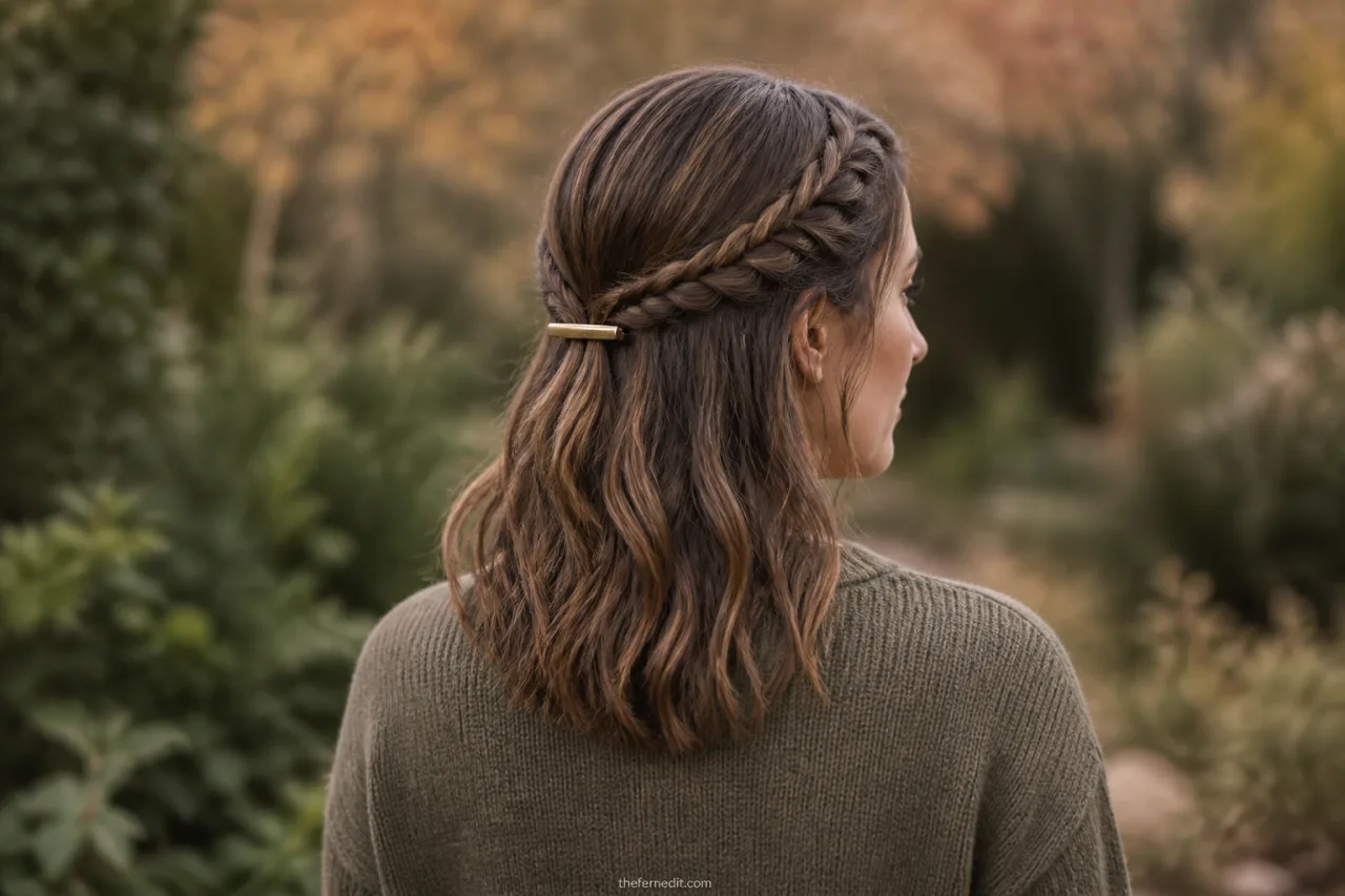 Adult woman with medium-length hair in a loose half-up style with two slim side braids meeting beneath a simple fall barrette.