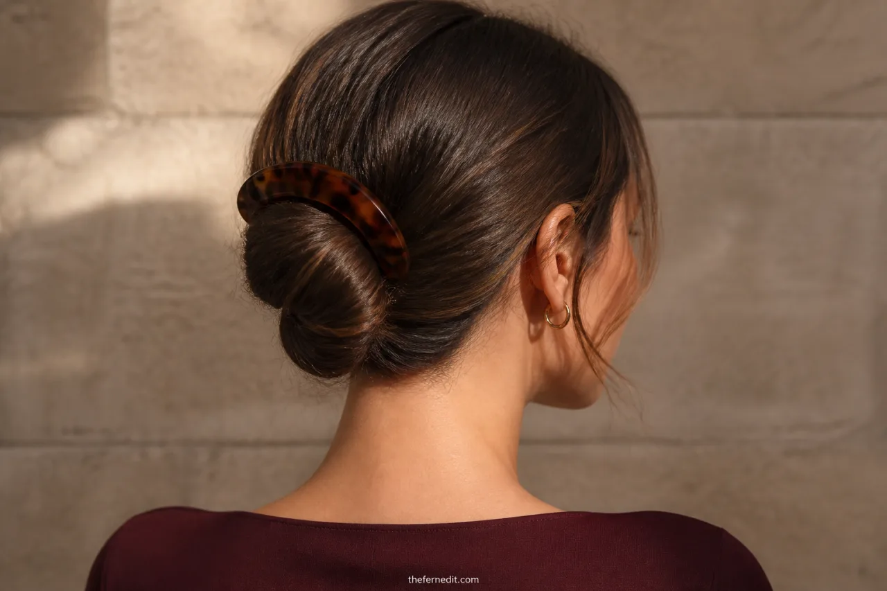 Adult woman with medium-length hair arranged in a compact low folded bun secured with a tortoiseshell pin.