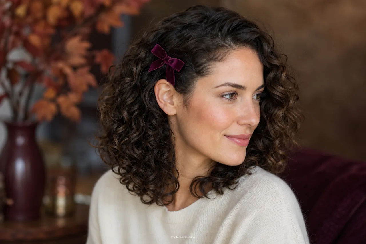 Adult woman with medium-length defined curls swept to one side and secured above the ear with a small velvet bow barrette.