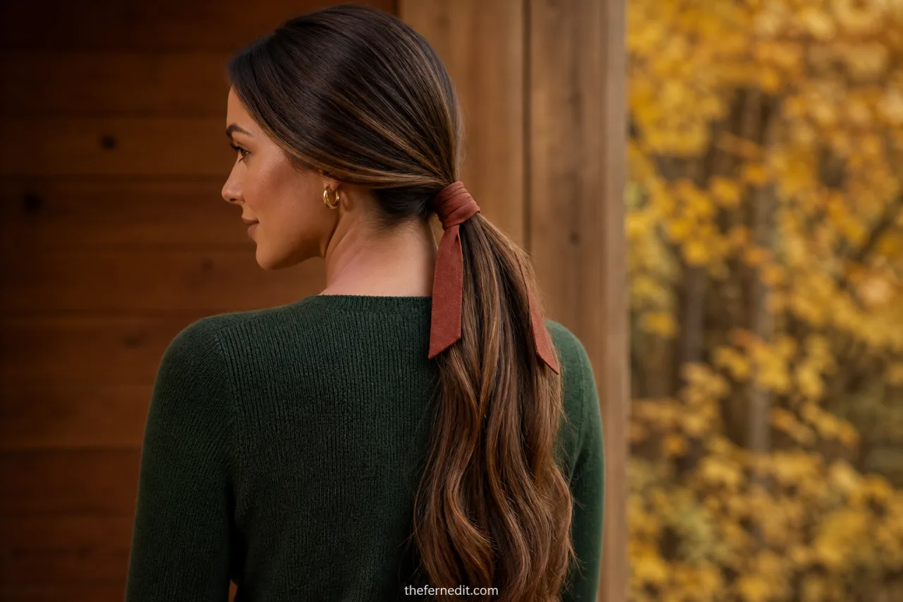 Adult woman with long hair in a smooth low ponytail wrapped at the base with a warm rust-colored ribbon.