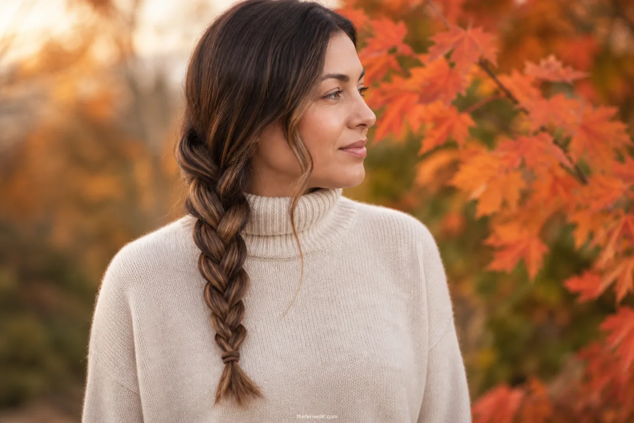Adult woman with long hair styled in a loose three-strand side braid resting over one shoulder.