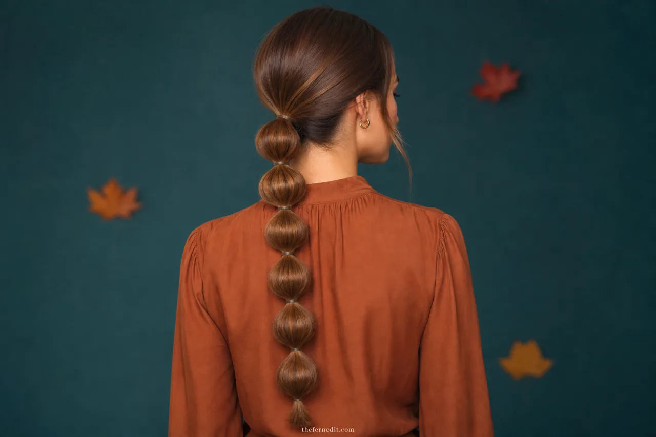 Adult woman with long hair in a low bubble ponytail formed by evenly spaced elastics and softly rounded sections.