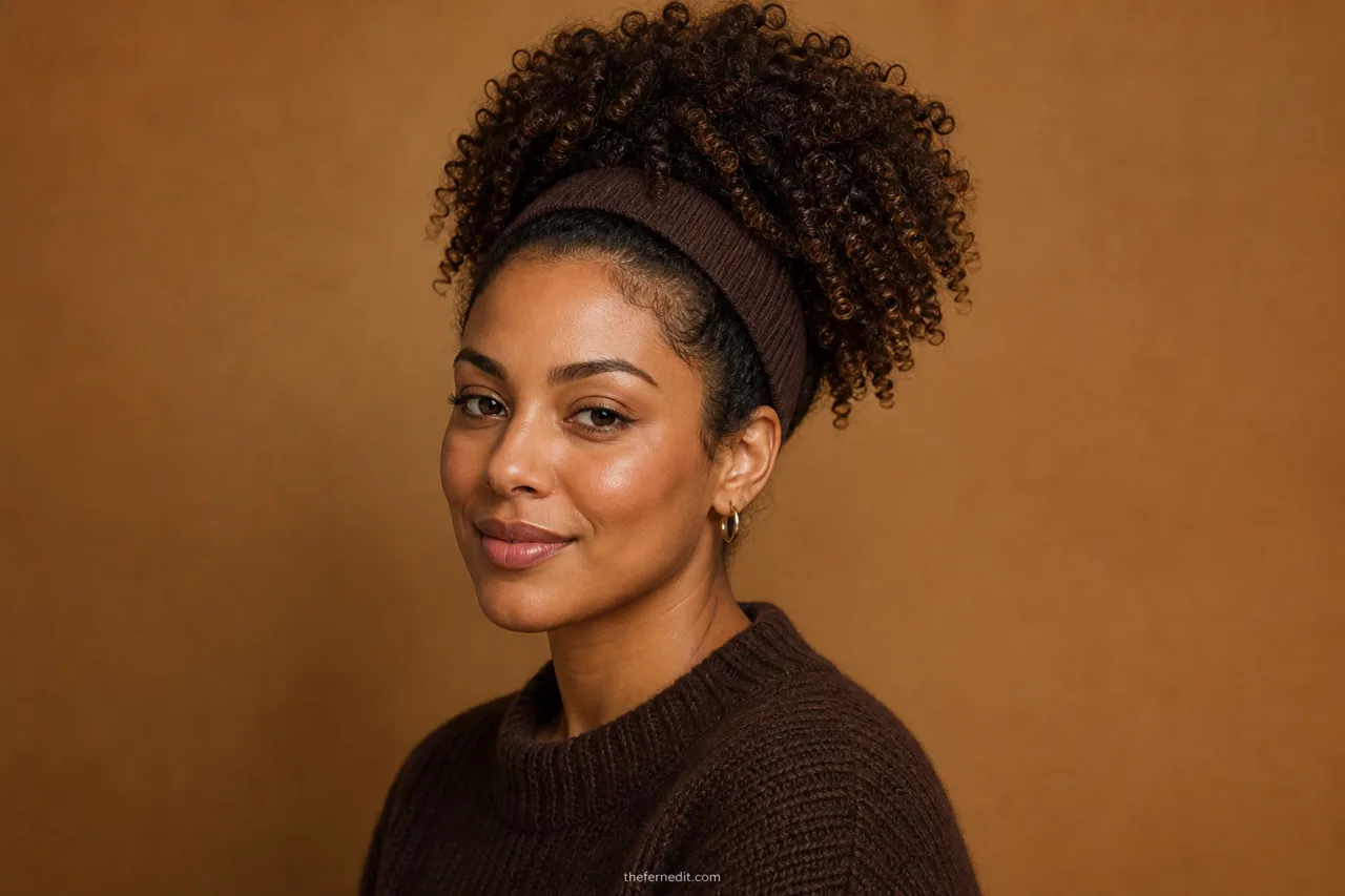Adult woman with naturally curly hair gathered into a high rounded puff and finished with a wide textured headband.