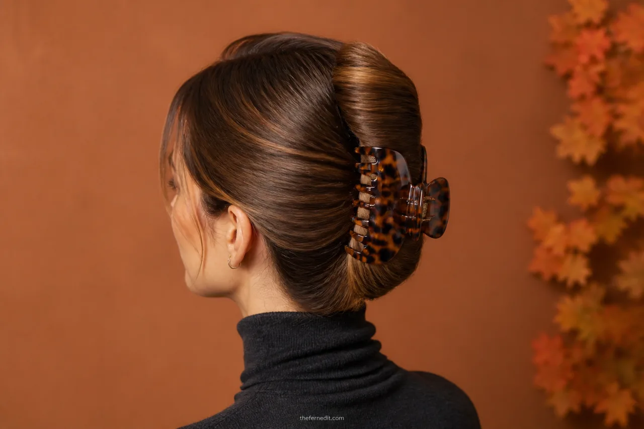 Adult woman with medium-to-long hair in a neat French twist held vertically with a large tortoiseshell claw clip.