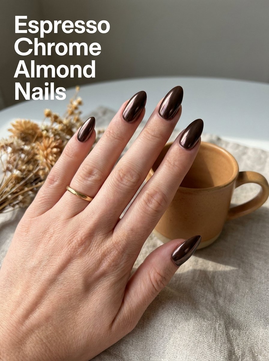Espresso chrome almond nails