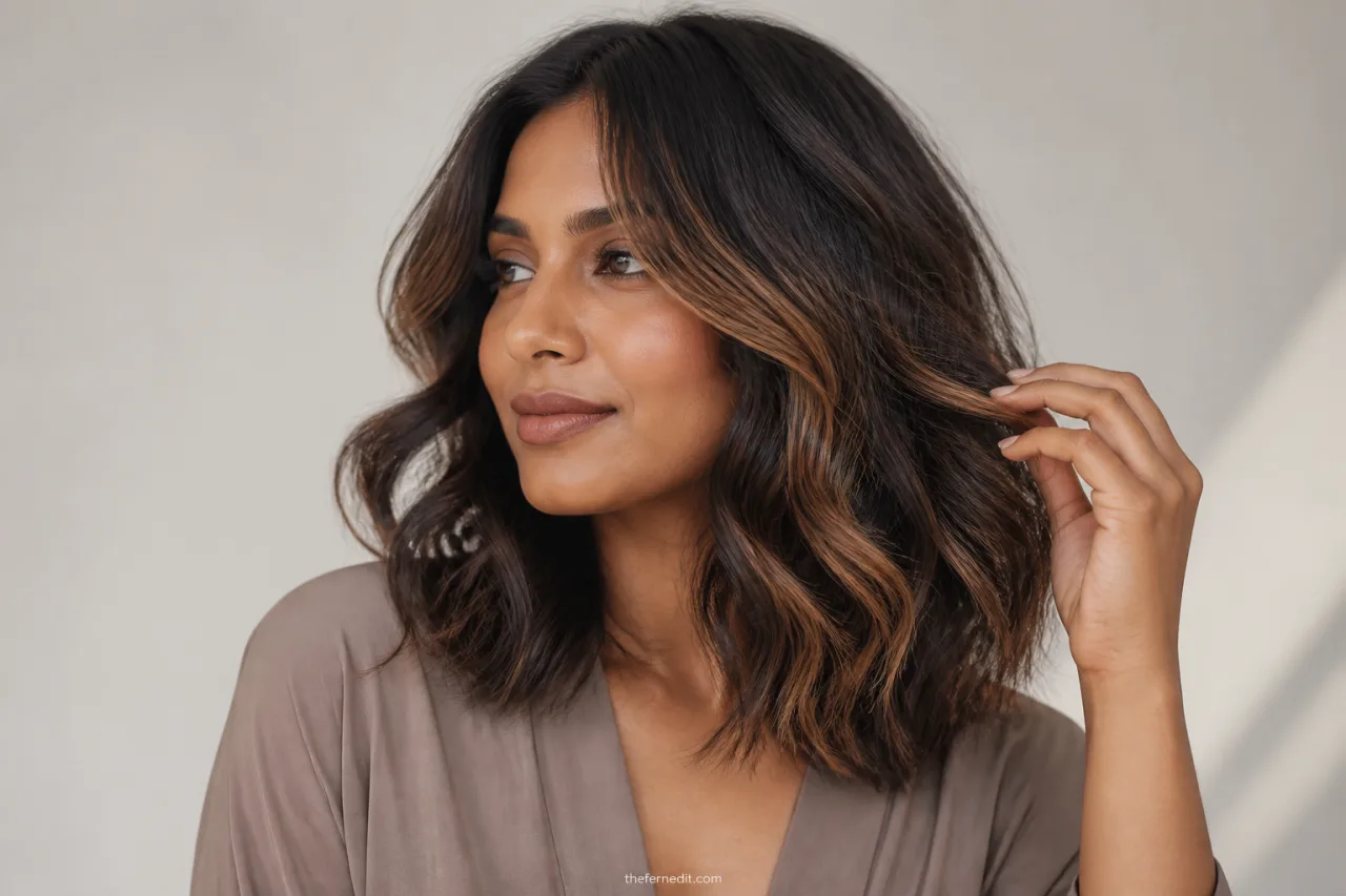 Shoulder-length brunette hair with fine caramel ribbons framing the face and flowing through soft layered waves.
