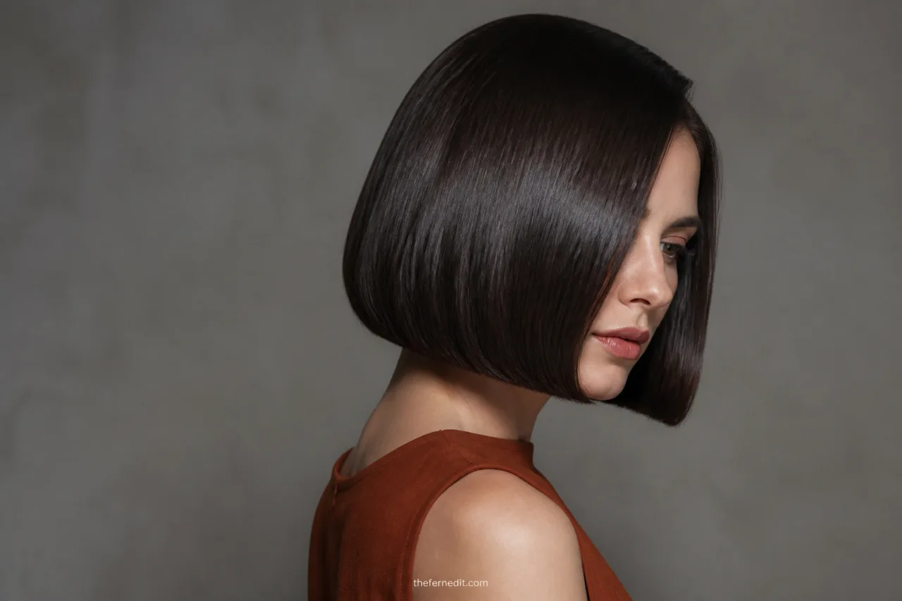 Chin-length blunt bob in a glossy deep espresso fall hair color with subtle tonal depth and a smooth reflective finish.