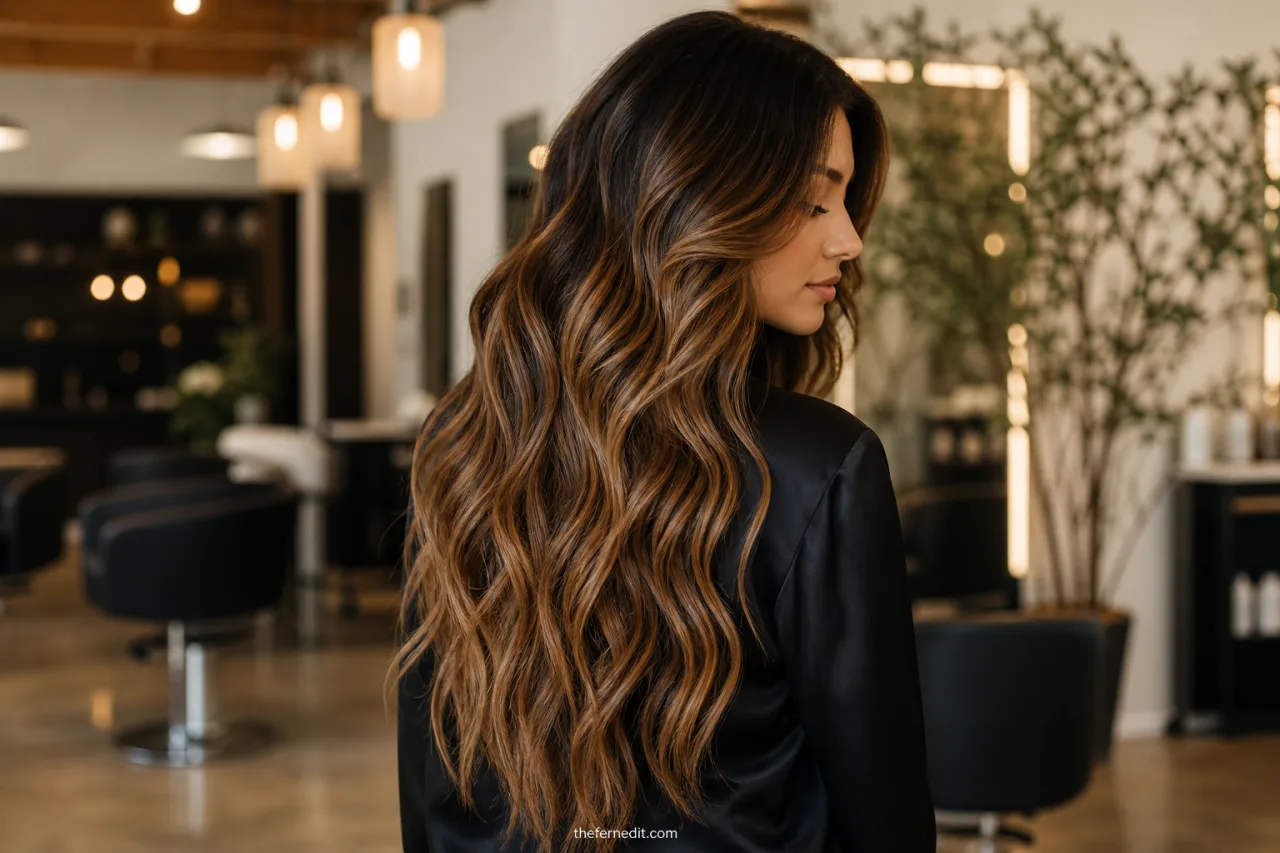 Long layered hair with toasted bronze balayage blending muted gold, copper-brown, and a deeper brunette root.