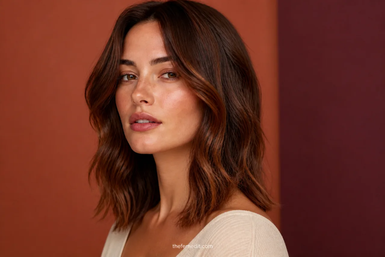 Collarbone-length textured lob in cinnamon mocha brown with subtle warm red dimension around the face.