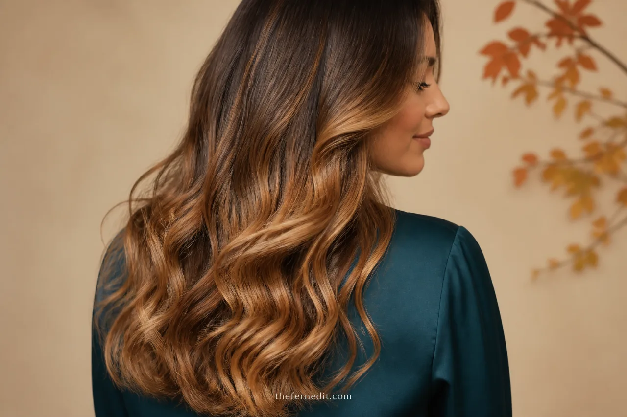 Long loose curls with a honey bronde color melt from a soft brunette root into warm beige-gold ends.