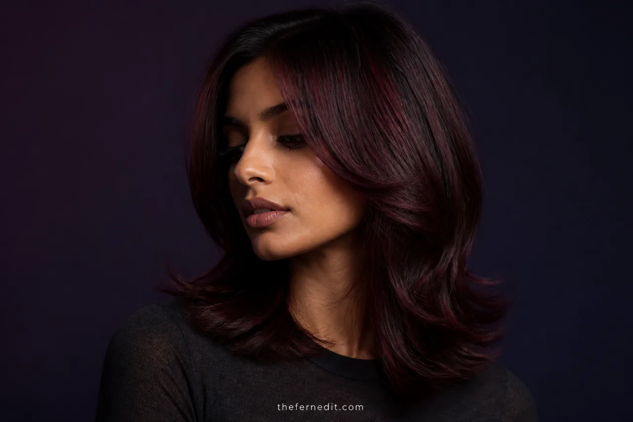 Medium-length layered hair in deep black cherry burgundy with visible berry-red highlights under soft directional light.