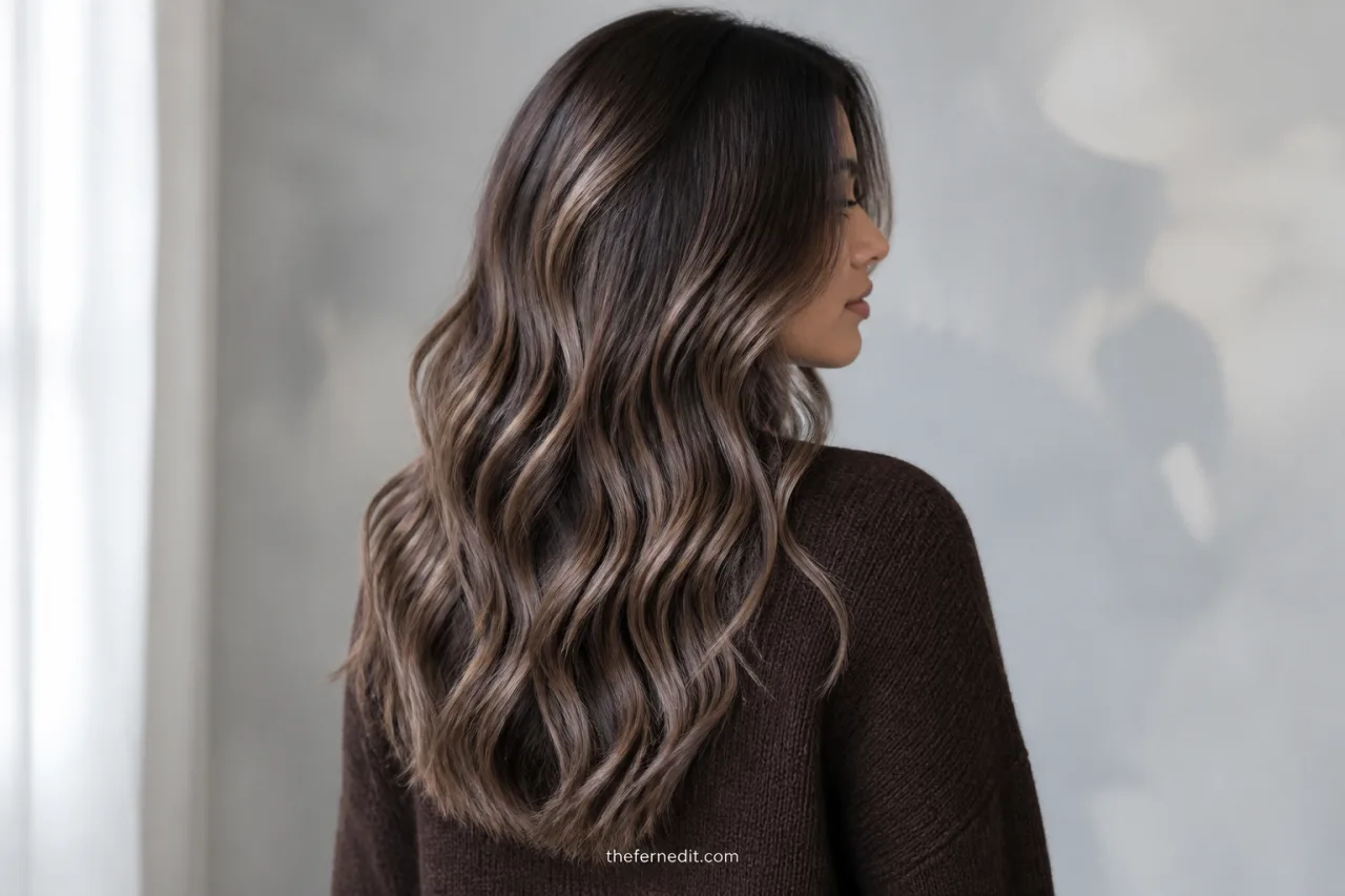 Mid-back wavy brunette hair with smoky mushroom taupe ribbons and a softly blended neutral-cool finish.
