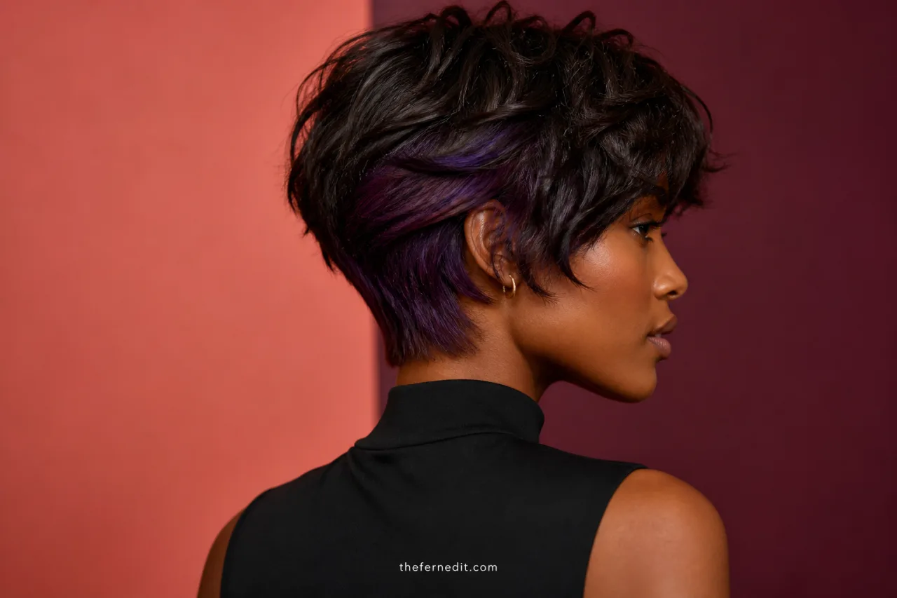 Short textured haircut with a deep brunette base and vivid plum peekaboo panels visible beneath the top layers.