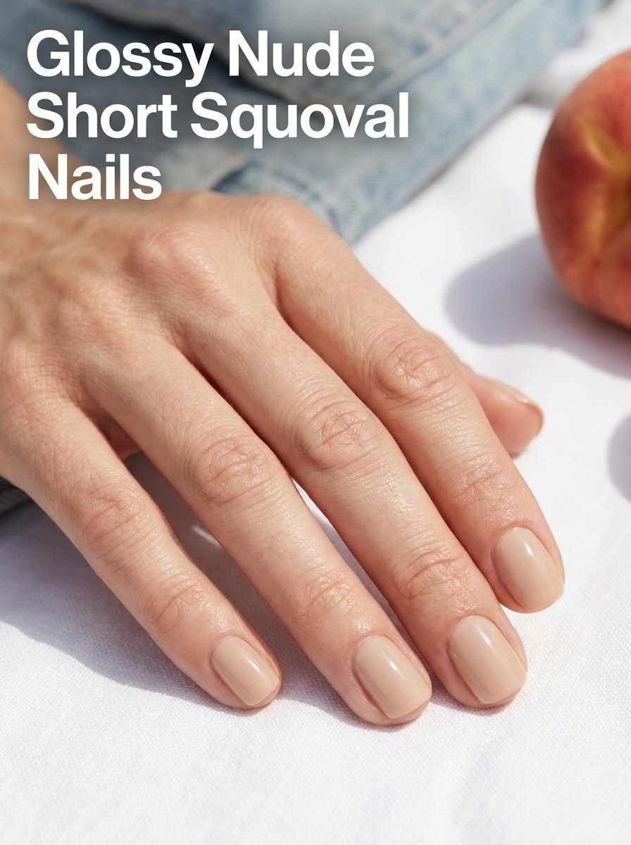 Glossy nude short squoval nails