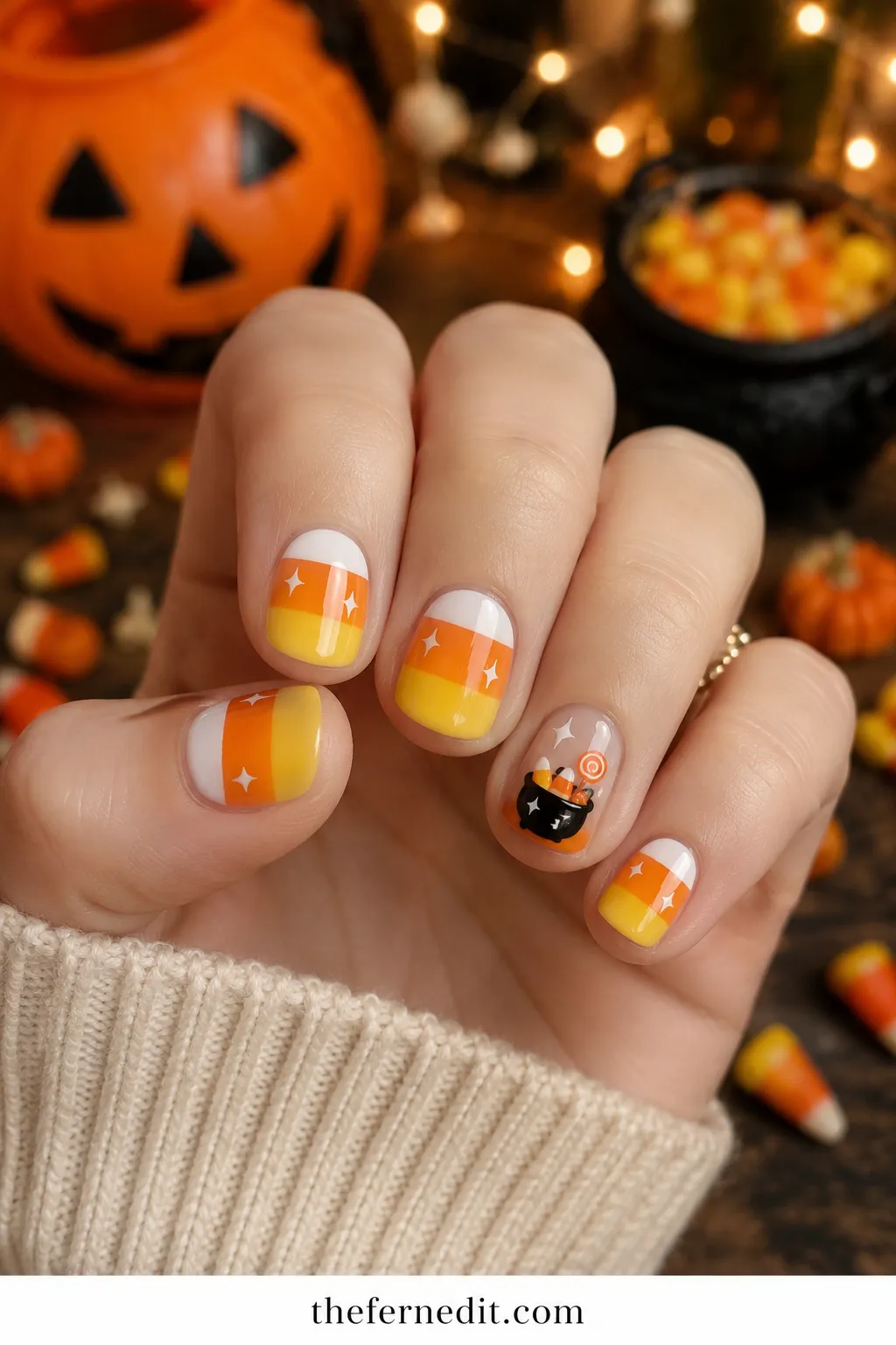 Candy-Corn Cauldron Tips — Simple Halloween Nails: 10 Easy Designs to DIY at Home