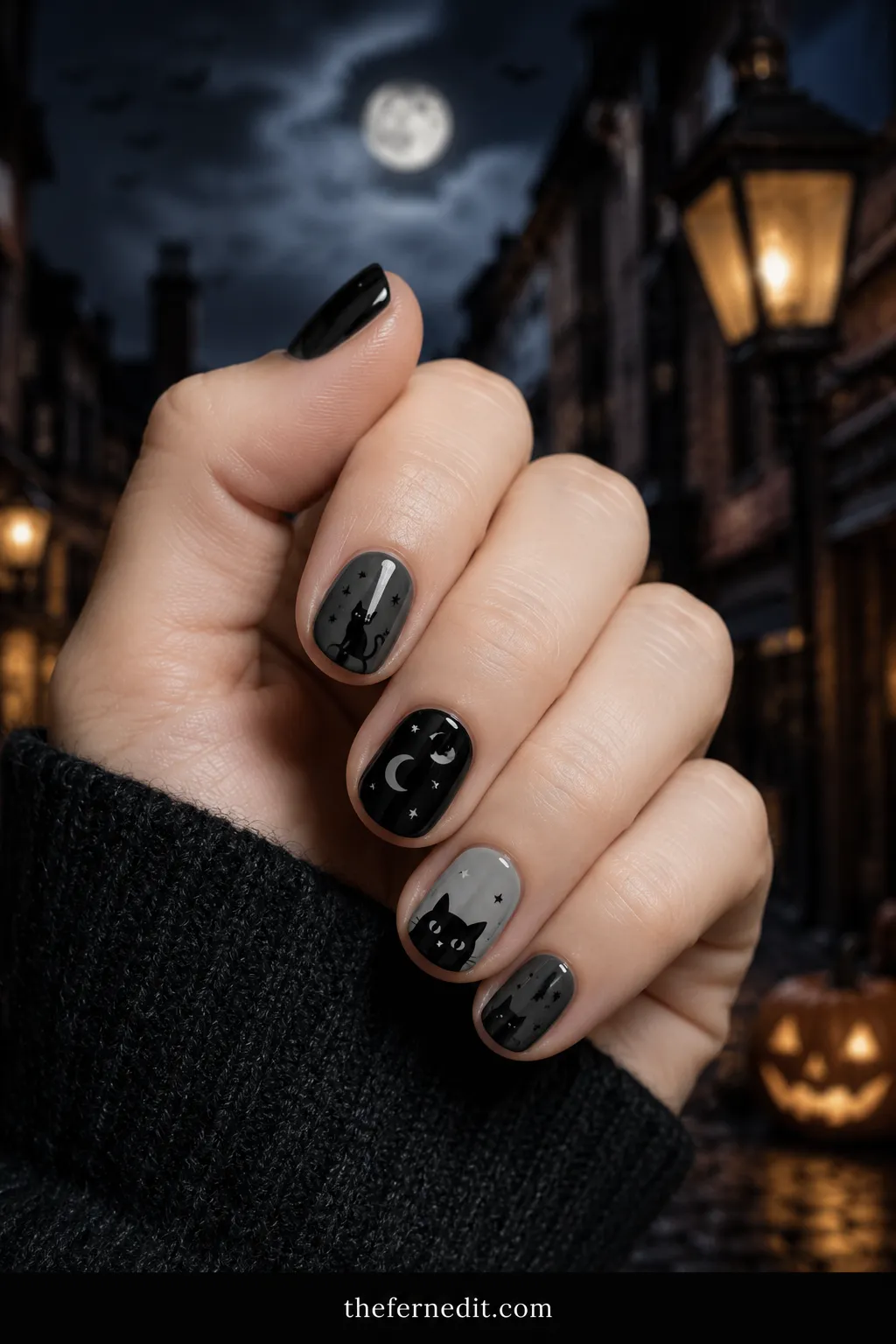 Black Cat & Crescent Moon — Simple Halloween Nails: 10 Easy Designs to DIY at Home