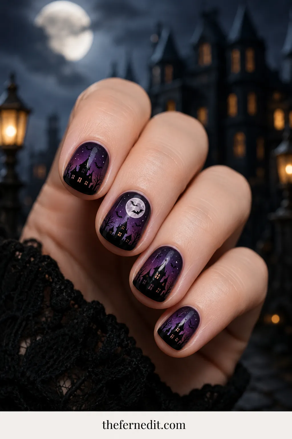 Haunted House Night Sky — Simple Halloween Nails: 10 Easy Designs to DIY at Home