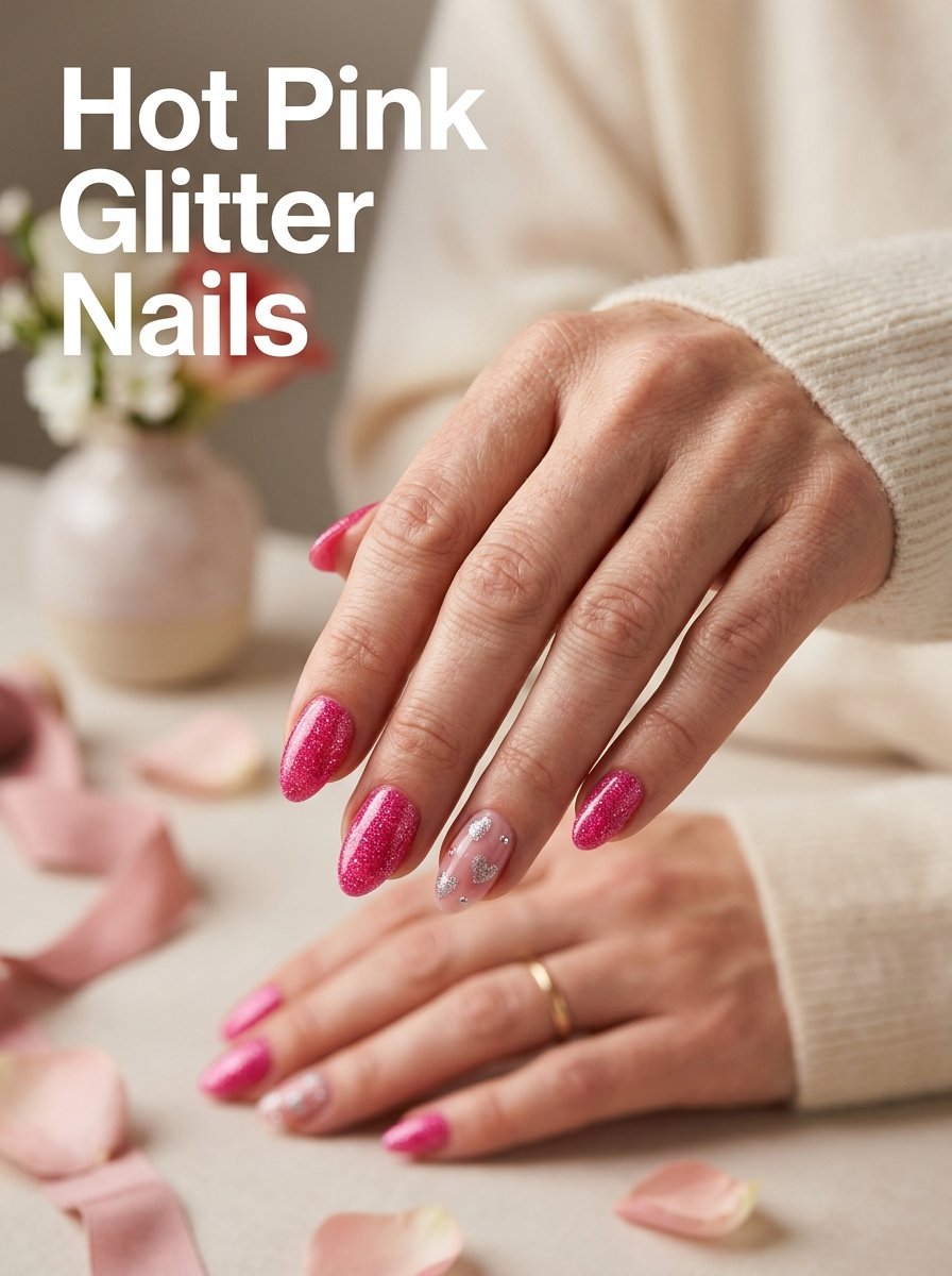 Hot pink glitter nails
