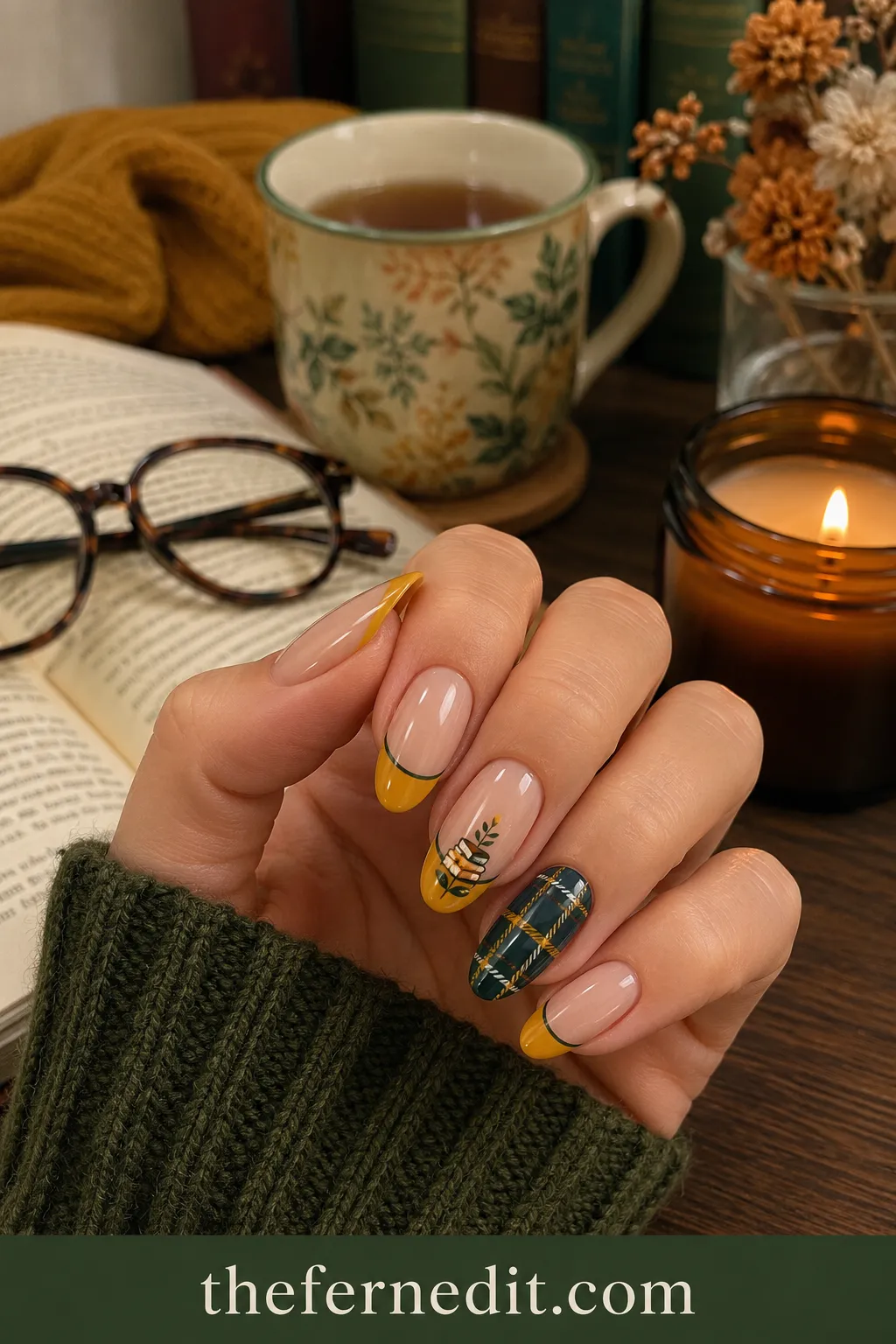 Mustard & Green Tartan French Tips — September French Tip Nails: 10 Fall-Ready Ideas
