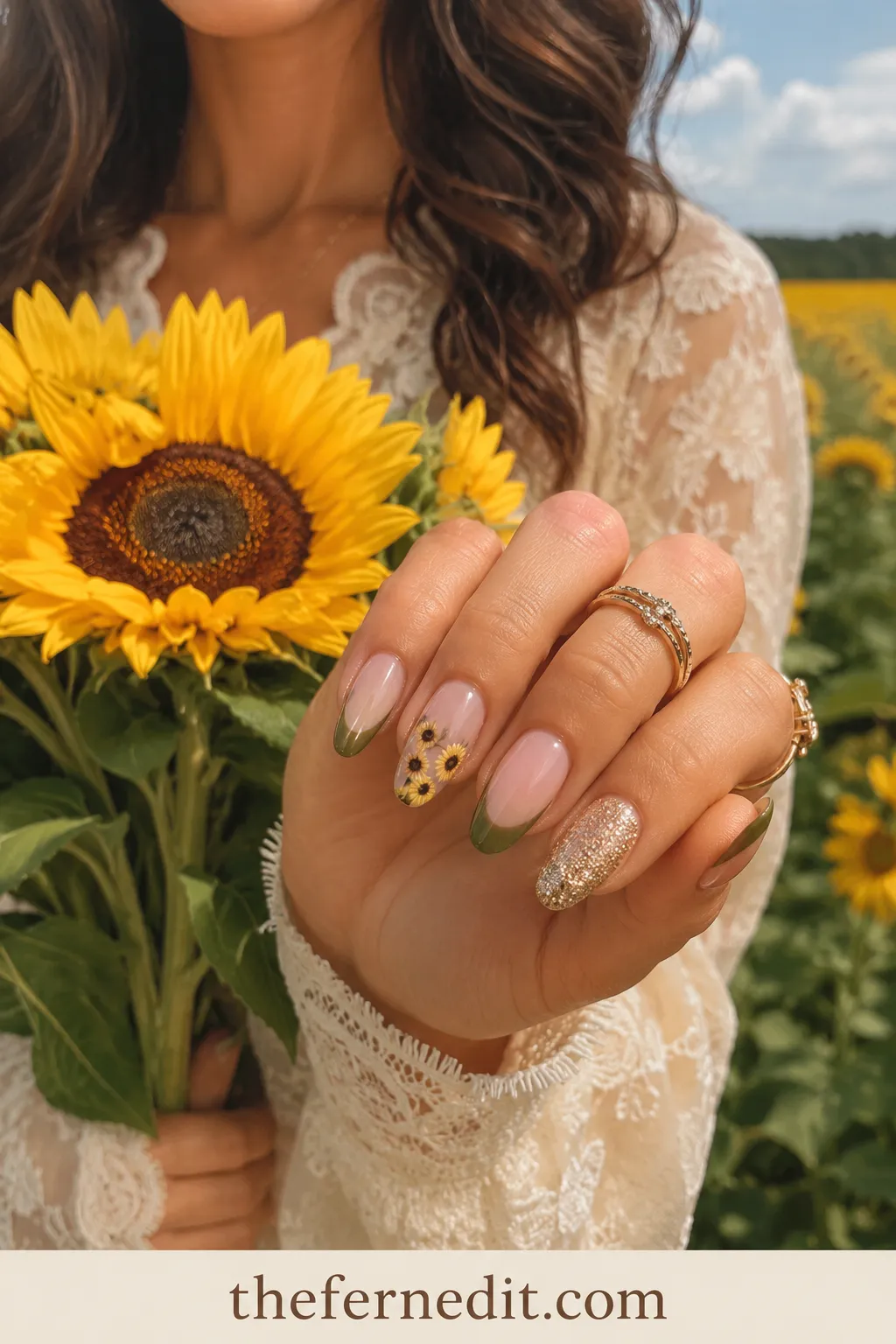Olive Sunflower French Tips — September French Tip Nails: 10 Fall-Ready Ideas
