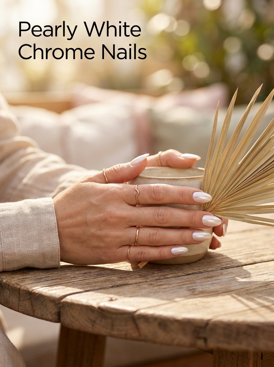 Pearly white chrome nails