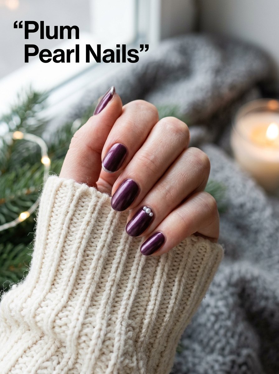 Plum pearl winter nail manicure