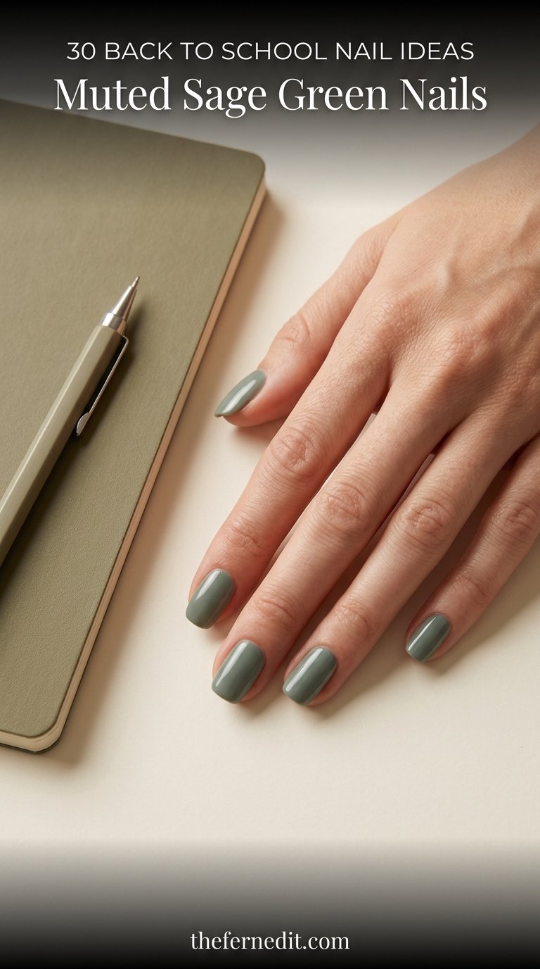 Sage green nails on desktop