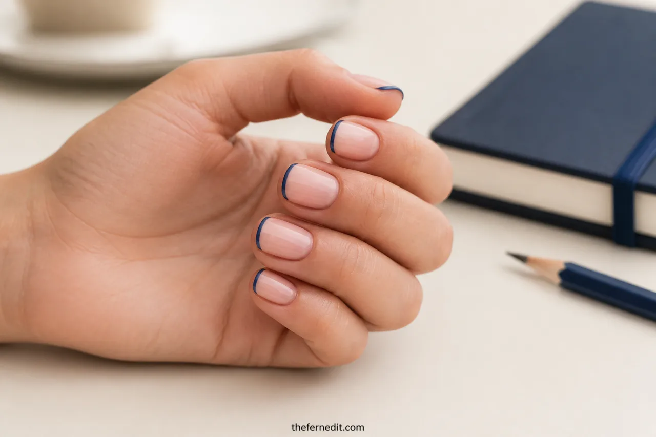 Short squoval back-to-school nails with sheer pink polish and navy micro-French tips beside a navy notebook.